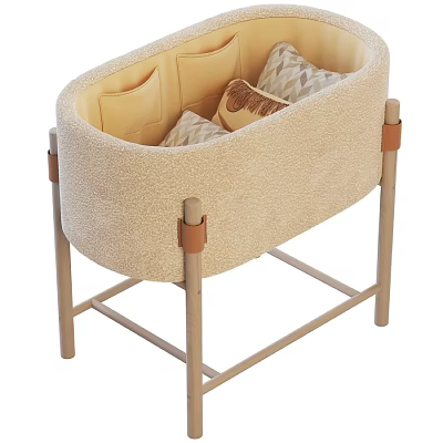 Beige Soft Padded Baby Crib With Sturdy Wooden Legs And Decorative Pillows 3d model