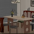 Modern Dining Table And Chairs Set With Vase Flowers Fruits Blinds Pendant Light And Cabinet