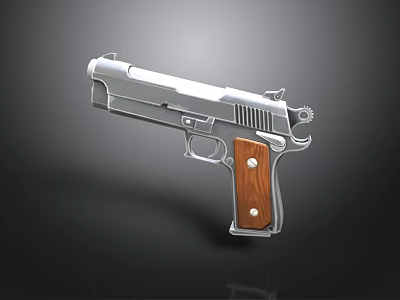 Silver Metal Pistol With Wooden Grip Classic Design And Trigger Details 3d model