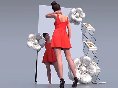 Full Length Mirror With Woman In Red Dress And Silver Flower Decorations Near Display Shelf 3d model