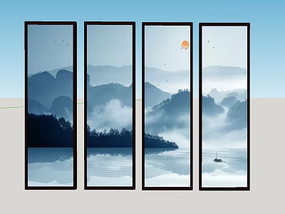 New Chinese Partition Wall Wall Painting Sliding Door Photo Frame 3d model