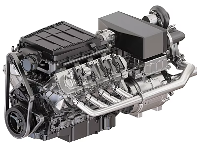 Detailed View of Mechanical Engine Structure with Cylinders Pipes and Components 3d model