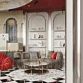 Elegant Boutique Interior With Shoe Display Shelves Red Velvet Chair Checkered Floor And Chandelier