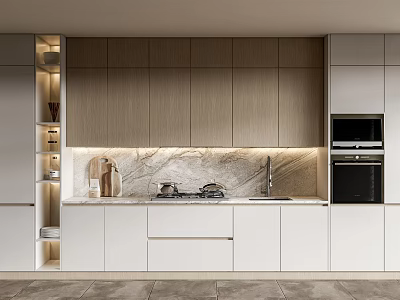 Modern Kitchen Interior With Light Wood White Cabinets Marble Countertop And Appliances 3d model