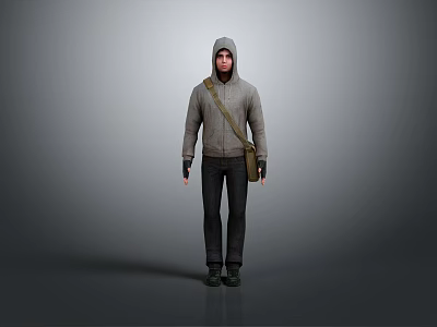 Character Wearing Gray Hoodie And Black Pants With Brown Shoulder Bag Standing Against Gray Background 3d model