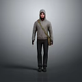 Character Wearing Gray Hoodie And Black Pants With Brown Shoulder Bag Standing Against Gray Background