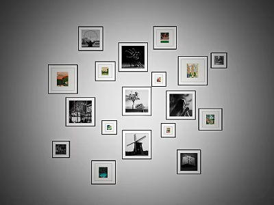 Stylish Photo Wall With Irregular Arrangement Of Various Size Frames And Artworks On Grey Wall 3d model