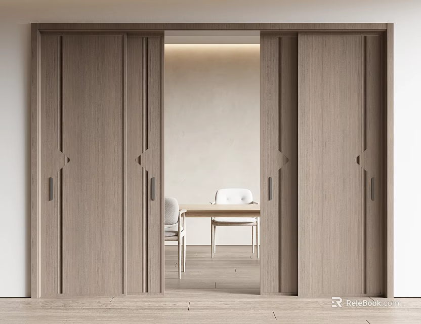 Modern Wooden Sliding Doors Opening To Bright Elegant Dining Area Interior 3d model 