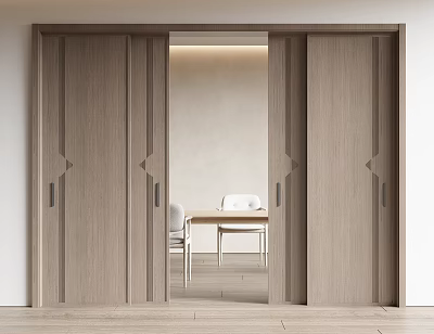Modern Wooden Sliding Doors Opening To Bright Elegant Dining Area Interior 3d model