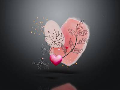 Heart Design Featuring Lotus Leaves Small Pink Heart Golden Dots And Reflection On Black Background 3d model