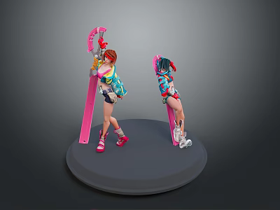 Two Female Characters In Colorful Outfits With Pink Skis Standing On Gray Round Base 3d model