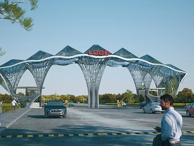 Modern Entrance Gate with Stylish Metal Structure Red LOGO Cars Pedestrians and Blue Sky Background 3d model