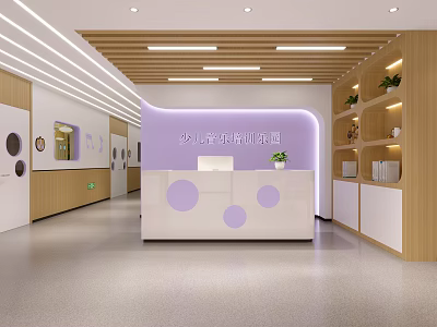 Children's English Training School Reception Area With White Desk Purple Dots And Wooden Shelves 3d model