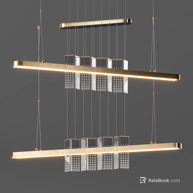 Modern Linear Chandelier With Gold Metal Frame And Square Glass Elements 3d model 