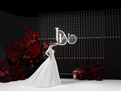Elegant Wedding Stage With White Bridal Gown Red Floral Decor And Hanging Crystals 3d model
