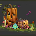 Halloween Decorative Setup Featuring Jack O Lanterns Candles Frog And Foliage Elements