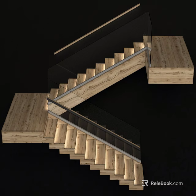 Geometric Modern Staircase Design With Wooden Steps Glass Railings And Metal Frame 3d model 