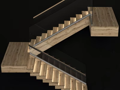 Geometric Modern Staircase Design With Wooden Steps Glass Railings And Metal Frame 3d model