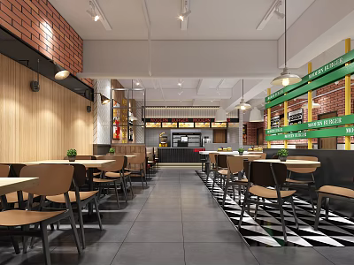 Contemporary Restaurant Interior With Red Brick Walls Wooden Panels Green Signs And Checkered Floor 3d model