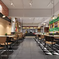 Contemporary Restaurant Interior With Red Brick Walls Wooden Panels Green Signs And Checkered Floor