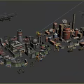 Colorful Cartoon Industrial Scene With Factories Buildings Helicopters And Vehicles