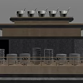 Multi tiered Dish Display Shelf With White Bowls Stacked Plates And Wooden Stone Elements