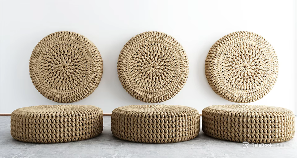 Three Woven Round Cushions For Home Interior Decor White Wall And Gray Floor 3d model 