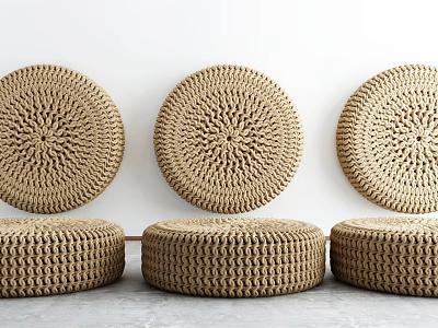 Three Woven Round Cushions For Home Interior Decor White Wall And Gray Floor 3d model