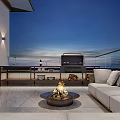 Elegant Rooftop Garden With Covered Area String Lights Sofa Blue Cushions Round Table City View