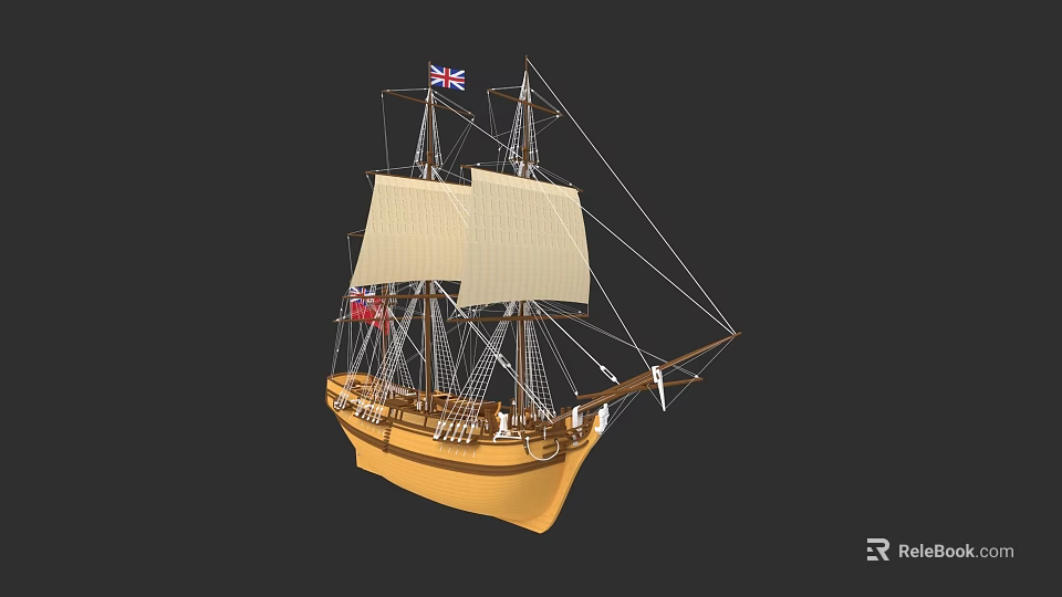 Classic Sailing Ship Model With Yellow Hull White Sails And Flags 3d model 