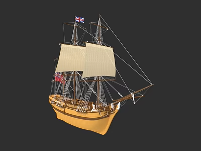 Classic Sailing Ship Model With Yellow Hull White Sails And Flags 3d model