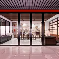 Traditional Office Interior Design With Red Frame Glass Doors Wooden Bookshelves And Bright Tile Flooring