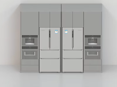 Modern Gray Cabinets With Central Double Door Refrigerators Flanked By Built in Ovens And Drawers 3d model
