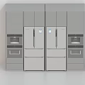 Modern Gray Cabinets With Central Double Door Refrigerators Flanked By Built in Ovens And Drawers