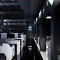 Modern Futuristic Cyber Cafe with Glass Curtain Wall Illuminated Logo Hi-Tech Gaming Equipment Black Tone