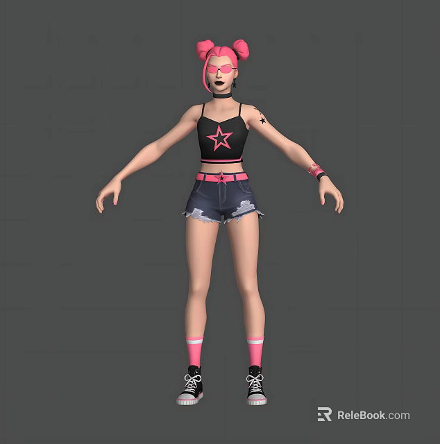 Woman With Pink Hair Wearing Black Star Tank Top Denim Shorts And Pink Socks 3d model 