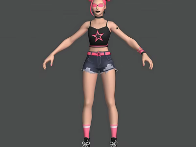 Woman With Pink Hair Wearing Black Star Tank Top Denim Shorts And Pink Socks 3d model