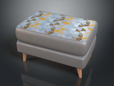 Modern Gray Ottoman With Colorful Geometric Patterned Cushion And Wooden Legs 3d model
