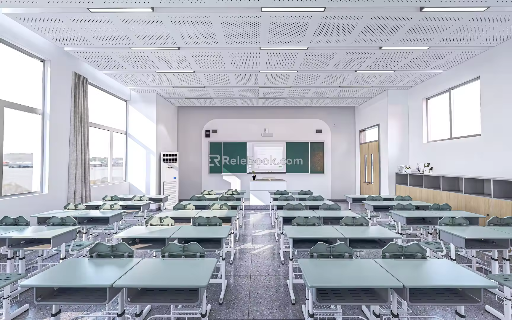 Classroom Desk Platform Blackboard Desk and Chair 3d model