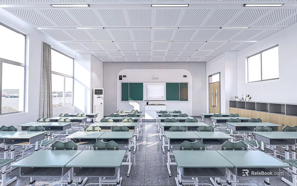 Modern School Classroom Interior With Neat Desks Blackboards And Windows 3d model 