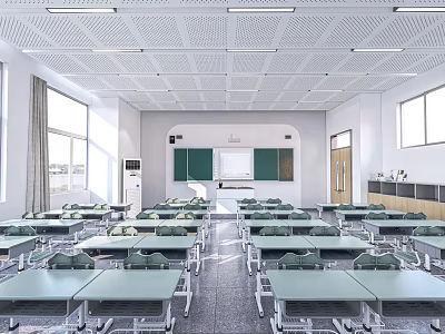 Modern School Classroom Interior With Neat Desks Blackboards And Windows 3d model