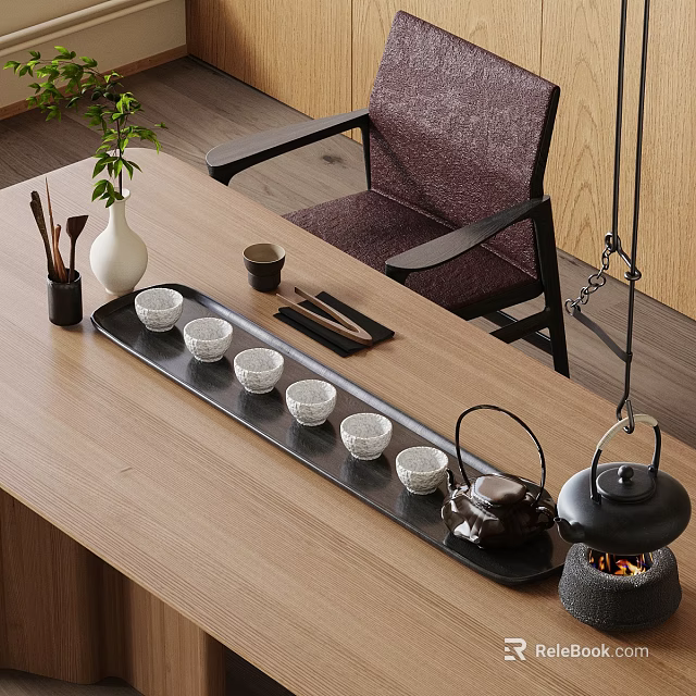Traditional Tea Set With Black Tray Six Teacups Teapot And Heating Stove On Wooden Table 3d model 