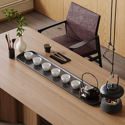 Traditional Tea Set With Black Tray Six Teacups Teapot And Heating Stove On Wooden Table 3d model