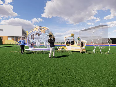 Scenic Photo Check-in Spot with Transparent Spherical Structure Green Lawn Decorative Flowers and Blue Sky 3d model