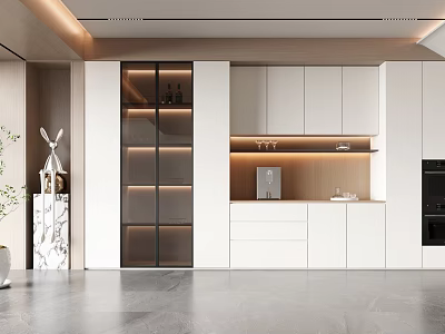 Modern Wine Cabinet With Glass Doors LED Lighting And White Cabinets In Kitchen 3d model