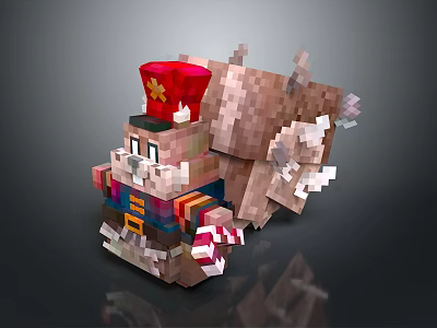 Pixel Style Character In Colorful Outfit With Red Hat Yellow Decoration And Brown Backpack 3d model