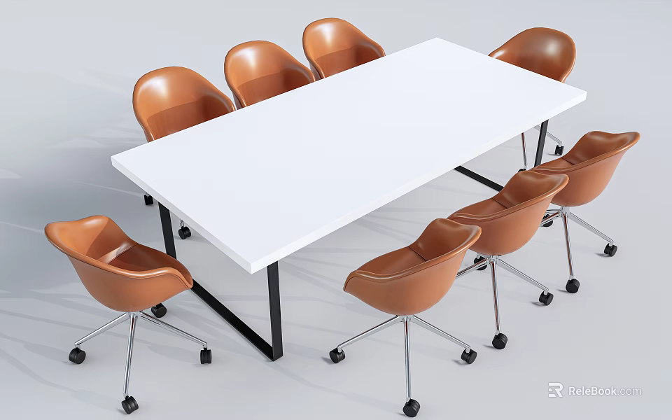 White Rectangular Conference Table With Black Metal Legs And Brown Rolling Chairs 3d model 