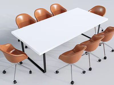 White Rectangular Conference Table With Black Metal Legs And Brown Rolling Chairs 3d model