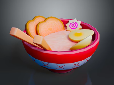 Colorful Ramen Soup Bowl With Carrot Slices Soft Boiled Egg And Fish Cake 3d model