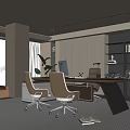 Modern Office Interior With Large Windows Brown Sofa Two Office Chairs Desk Green Plant And Bookshelves